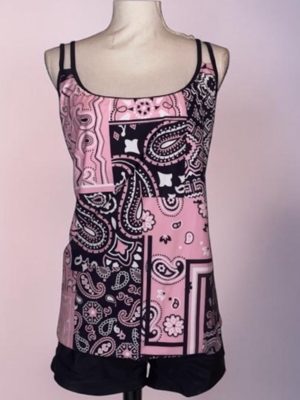 TANKINI TWO PIECE SWIMSUIT W/Bandana Pattern in Black, Pink & White Size 3X